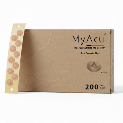 Cardboard box with 'MyAcu' branding and product details on a white background