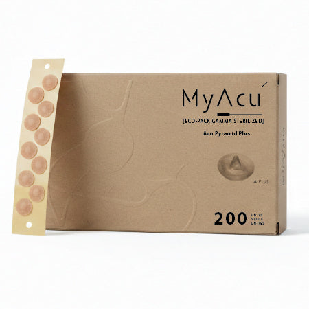 Cardboard box with 'MyAcu' branding and product details on a white background