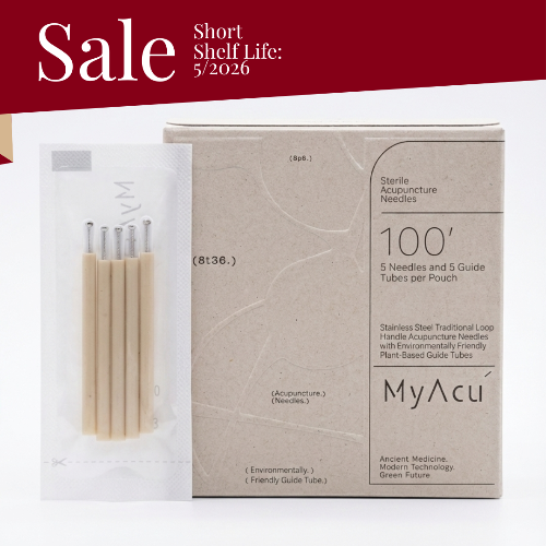 MyAcu acupuncture needles packaging with a 'Short Shelf Life: 5/2026' label on a white background.