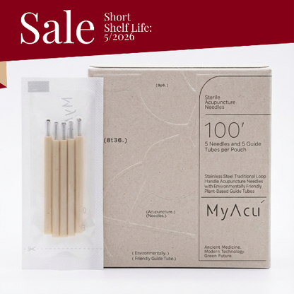 MyAcu acupuncture needles packaging with a 'Short Shelf Life: 5/2026' label on a white background.